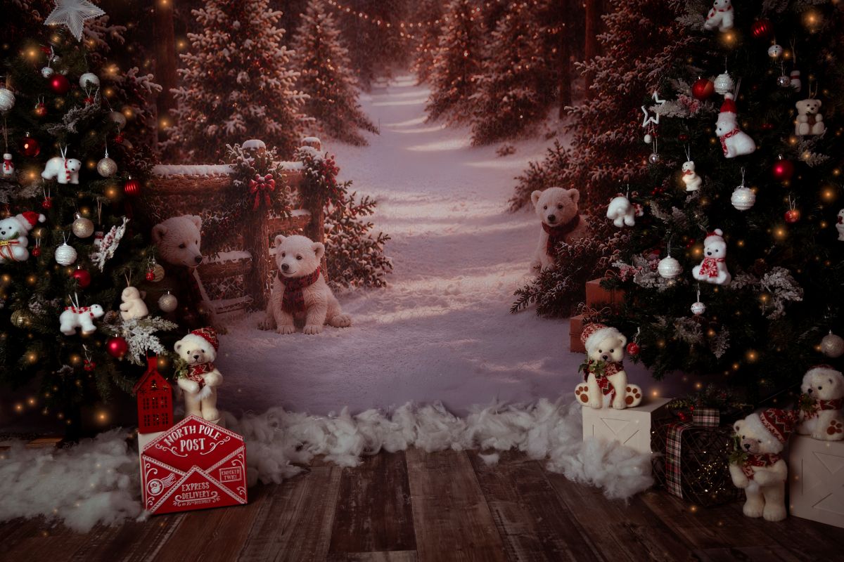 Set navideño 2026 con osos polares, nieve, árboles verdes y accesorios escoceses